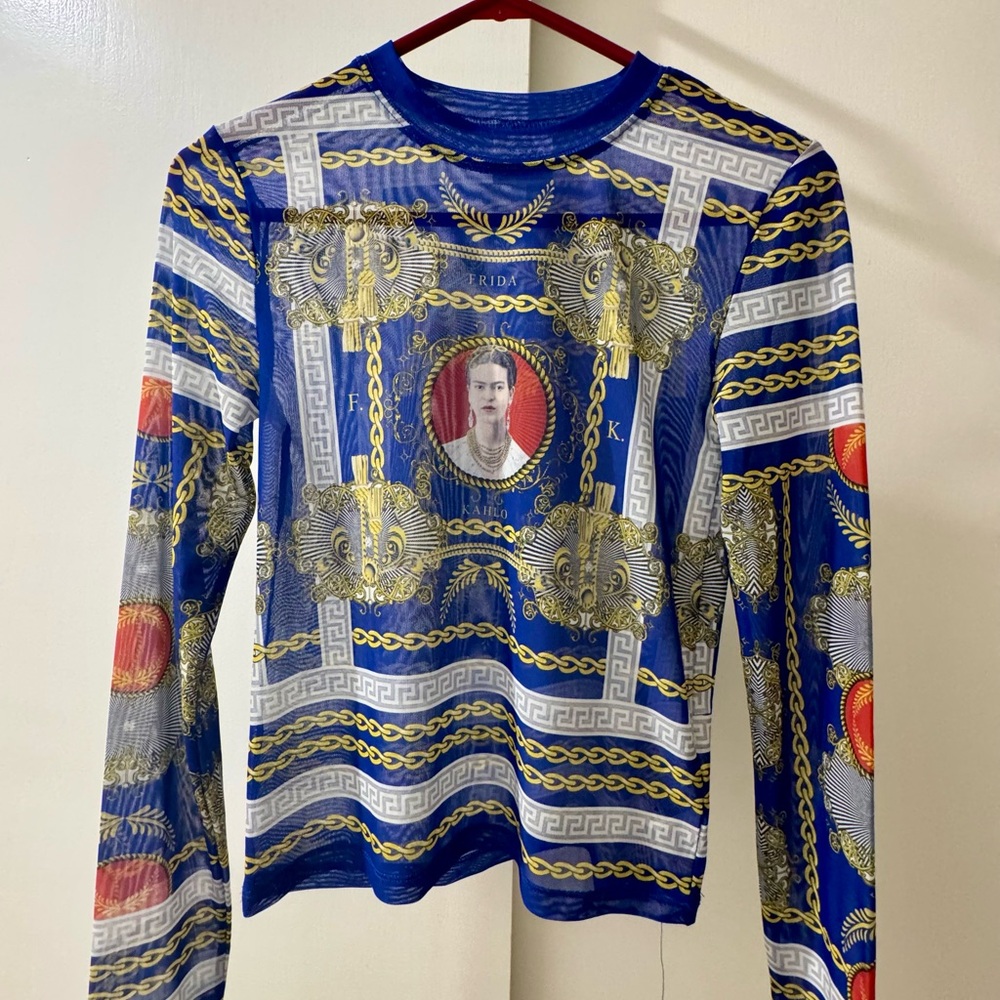 Frida Kahlo Mesh Top M Blue Semi Sheer Pop and Play Collection (Versace-Style)